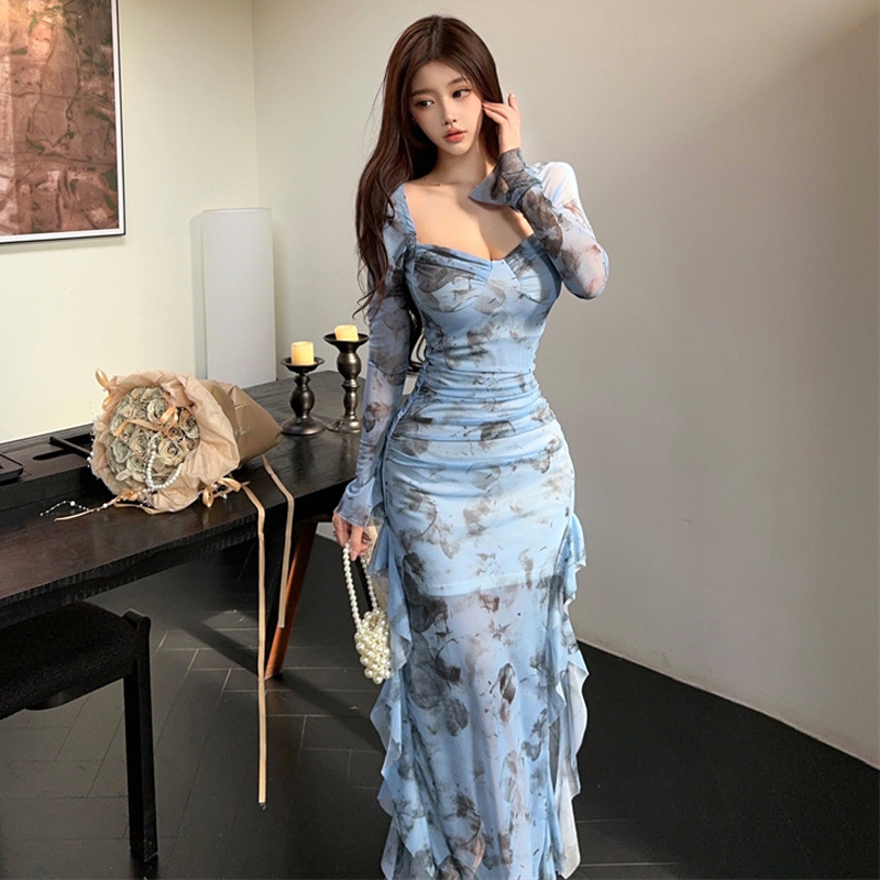 1206 유럽, 미국 및 동남 아시아 대외 무역 도매 2024 여성 의류 프랑스 복고풍 인쇄 메쉬 분할 슬림 원피스