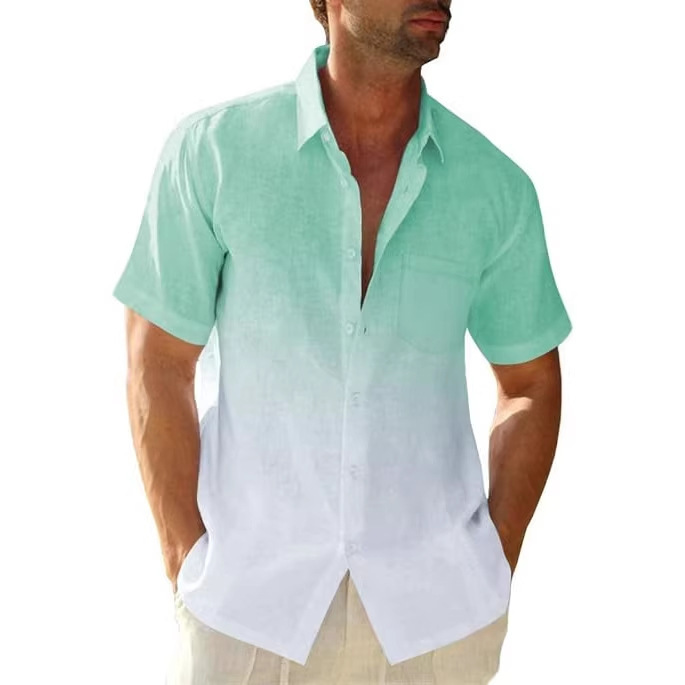 Men's Clothing Men's Gradient Short Sleeve Shirt Summer Casual Breathable Top Cotton Linen Texture For Formal & Casual_viptrois.com