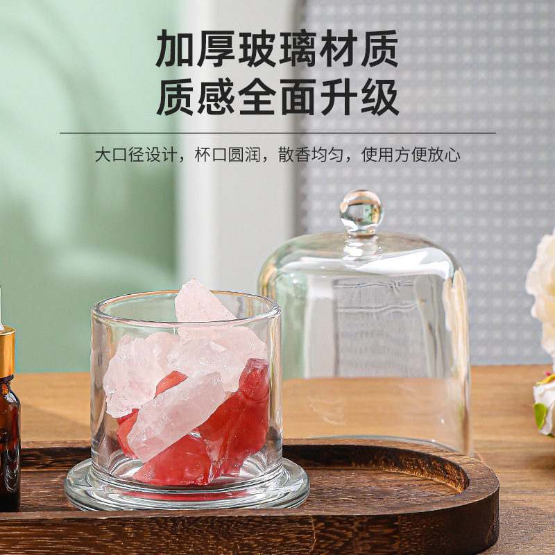 Taza de vela de vidrio con cubierta de campana de oro al por mayor con cubierta Taza de vela de aromaterapia de piedra de cristal Taza de vela vacía de piedra de incienso expandida Contenedor de vela