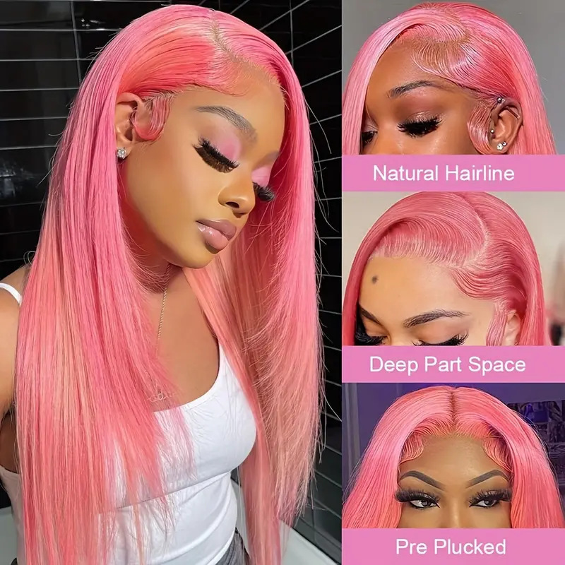 European and American Hot-Selling Lace Front Wig Pink Women's Middle Parted Long Straight Hair Fluffy Natural Fashion Full Hair Set Wholesale
