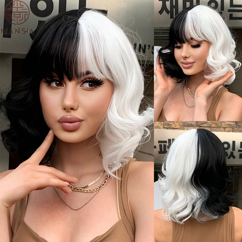 Amazon Black and White Spliced ​​Bob Short Curly Hair Women's Full Bangs Matte High Temperature Silk Full Head Wig