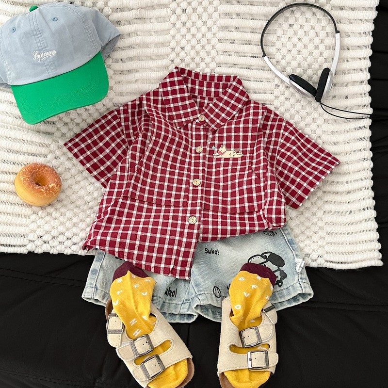 Camisas de mangas cortas de verano a cuadrícula para bebés transpirables con solapas casuales para niños, ropa guapo para niños
