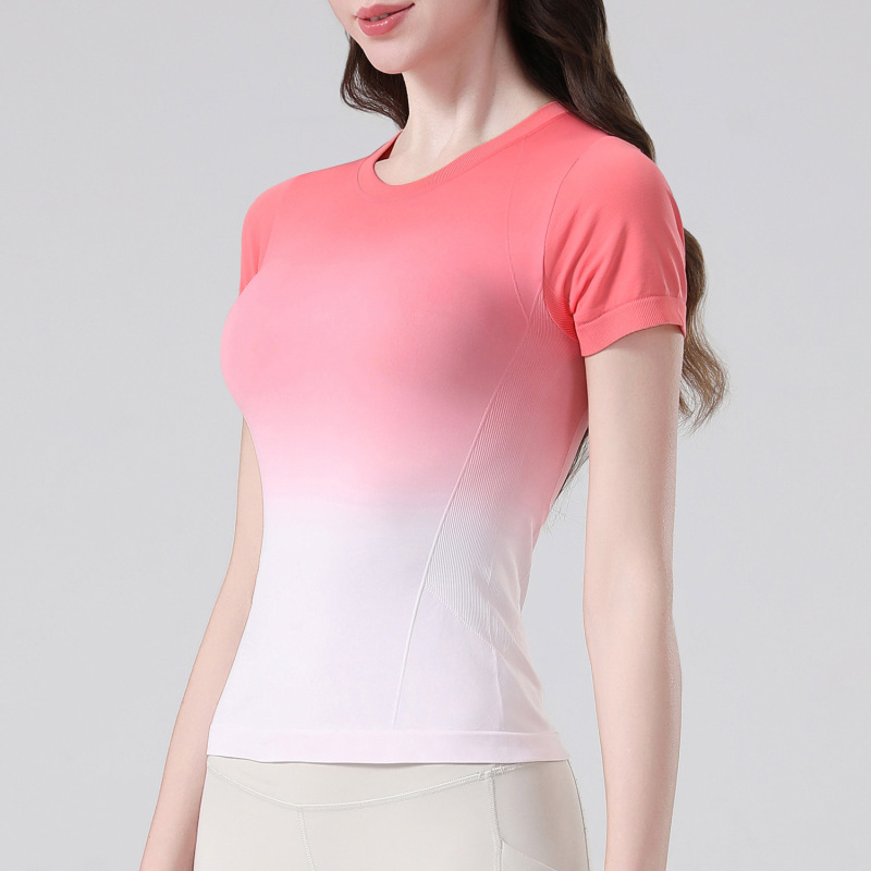 裕彩グラデーションヨガ上着スポーツシャツtシャツ軽薄ランニング女性速乾丸襟アウトドアトレーニング服|undefined