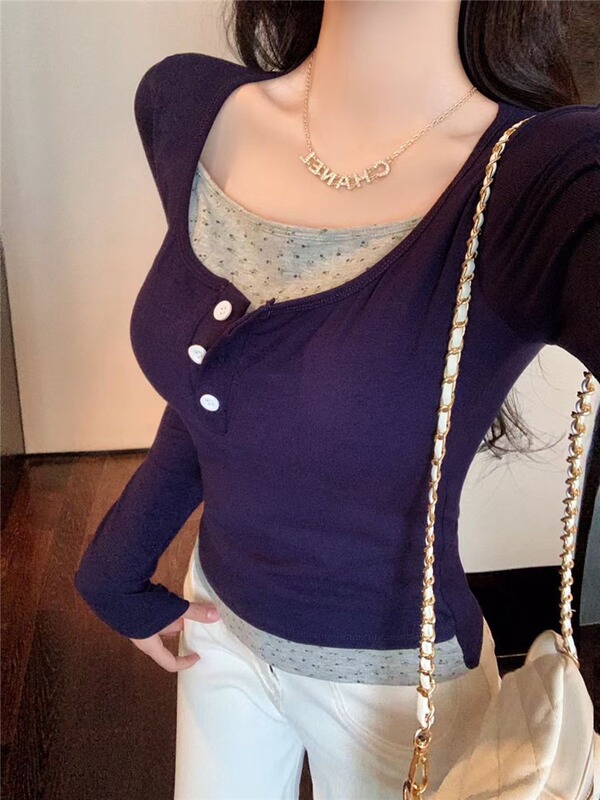 甜辣妹风假两件拼接碎花长袖T恤女秋季修身显瘦正肩上衣|undefined