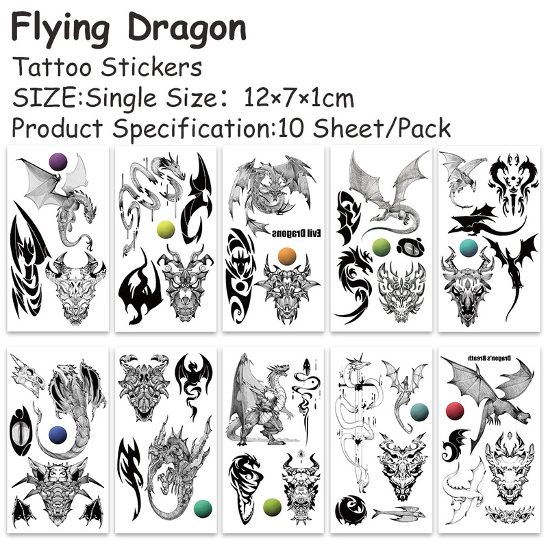 10 Sheets/Pack Black and White Mythical Flying Dragon Tattoo Stickers Personalized DIY Decorative Arm Stickers Cartoon Creative Temporary Stickers