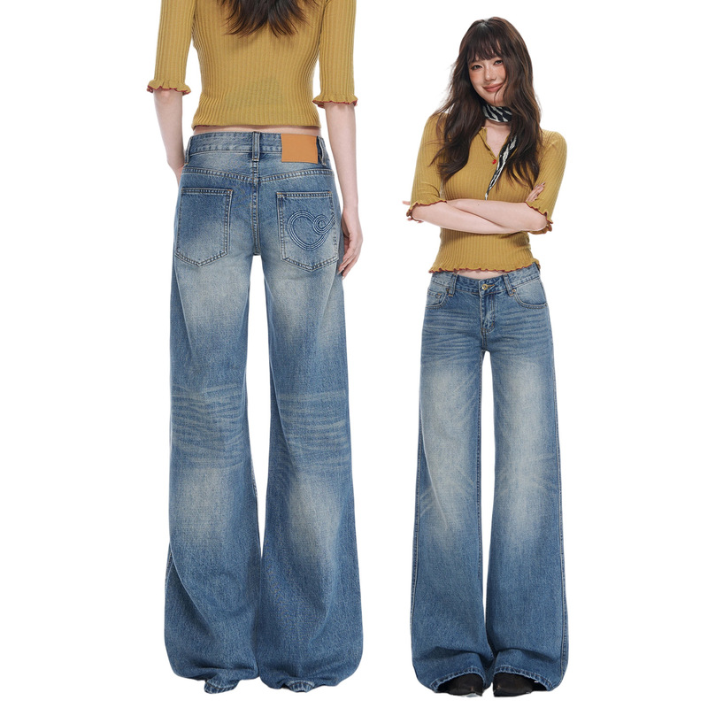 American-style vintage washed and distressed wide-leg jeans for women, mid-low waist, loose straight-leg pants for autumn American-style vintage washed and distressed wide-leg jeans for women, mid-low waist, loose straight-leg pants for autumn
