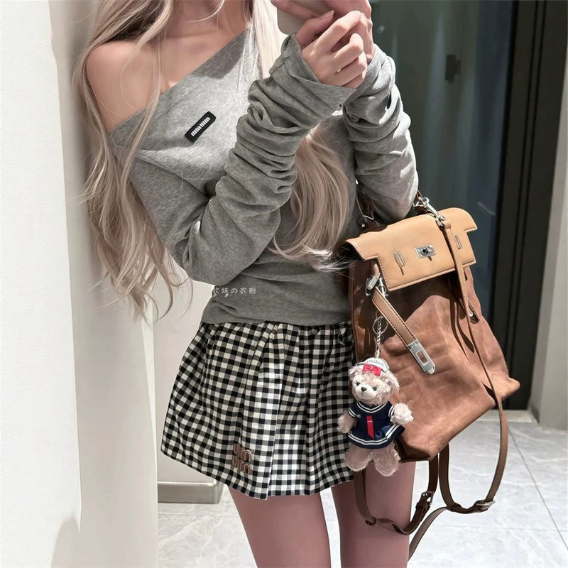 [In stock at the factory] Modal miu style casual off-shoulder long-sleeve T-shirt for women, simple design, trendy top