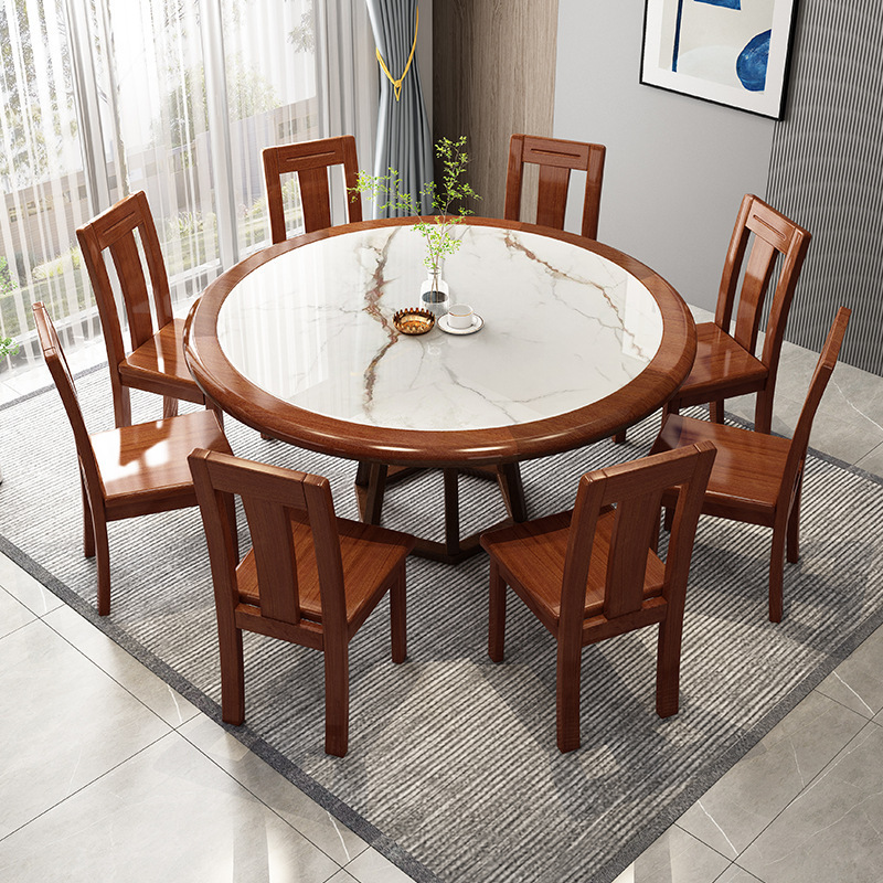 Walnut solid wood dining table and chair combination Chinese style household small apartment round table dining table for 6 people and 8 people revolving restaurant furniture