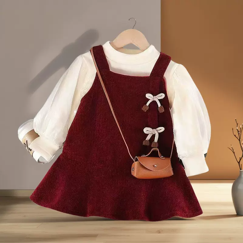 女童秋冬加厚连衣裙红色加绒过年拜年裙子新年衣服女孩冬装