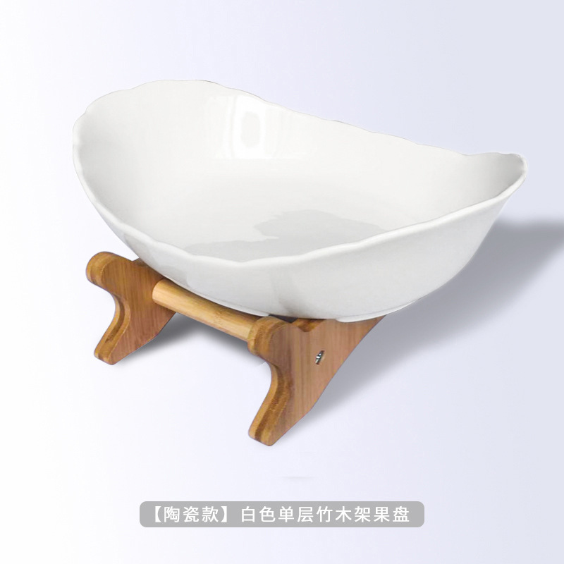 Plato de frutas y verduras de varias capas, marco de bambú y madera, cerámica, bocadillos creativos de doble capa, plato de bocadillos, sala de estar doméstica, almacenamiento seco