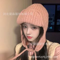 跨境纯色翻边系绳毛线帽秋冬季护耳韩系出片保暖飞行潮帽厂家直销