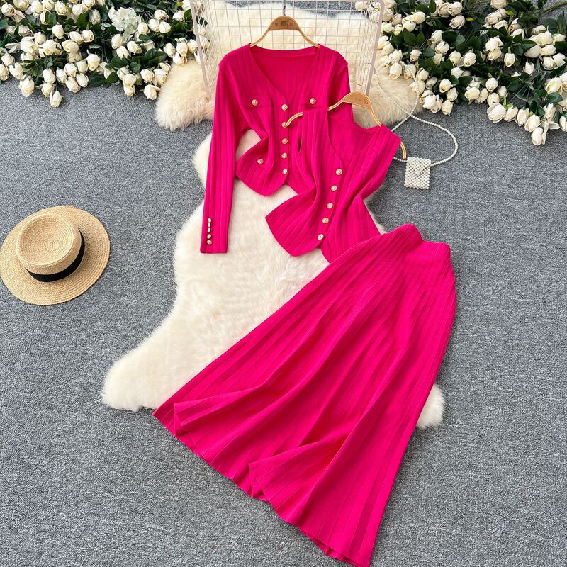 Chanel-Style Women's Three-Piece Set: Versatile Sleeveless Vest, Metal Buckle Slim-Fit Long-Sleeve Knit Cardigan, and Skirt