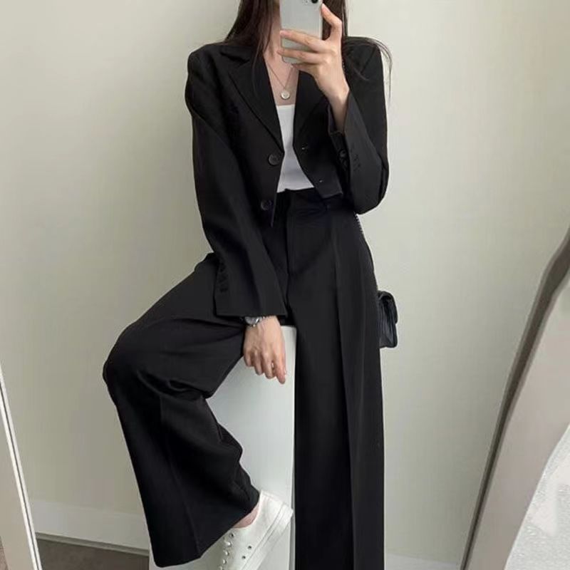 ChicShe Korean Chic Retro Revers Zwei-Knopf Lockerer Blazer Kurze Jacke Hoch taillierte Hose mit weitem Bein Lange Hosen Anzug Damen_voghion.com