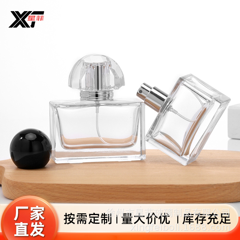 工厂现货 高端晶白料矮长方形卡口玻璃香水瓶30ml50ml喷雾 便携式