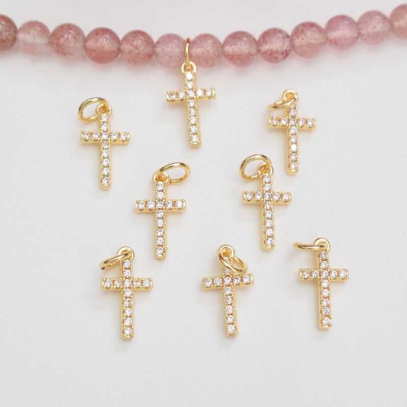 Color-preserving 14K gold micro-inlaid diamond mini cross pendant DIY bracelet necklace jewelry accessories pendant wholesale