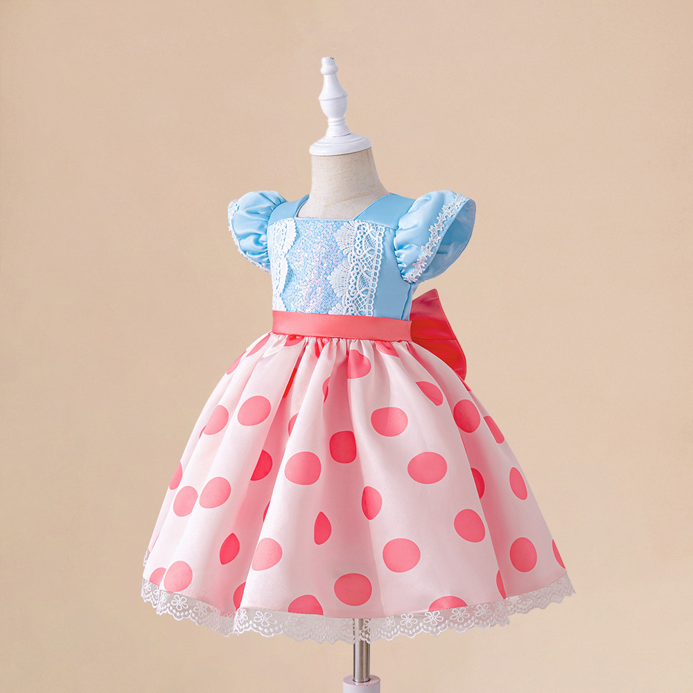 Europa y los Estados Unidos nuevos juguetes siempre movilizar niñas vestidos vestidos de mangas voladoras vestidos de princesa de encaje empalmado vestido de punto ondulado