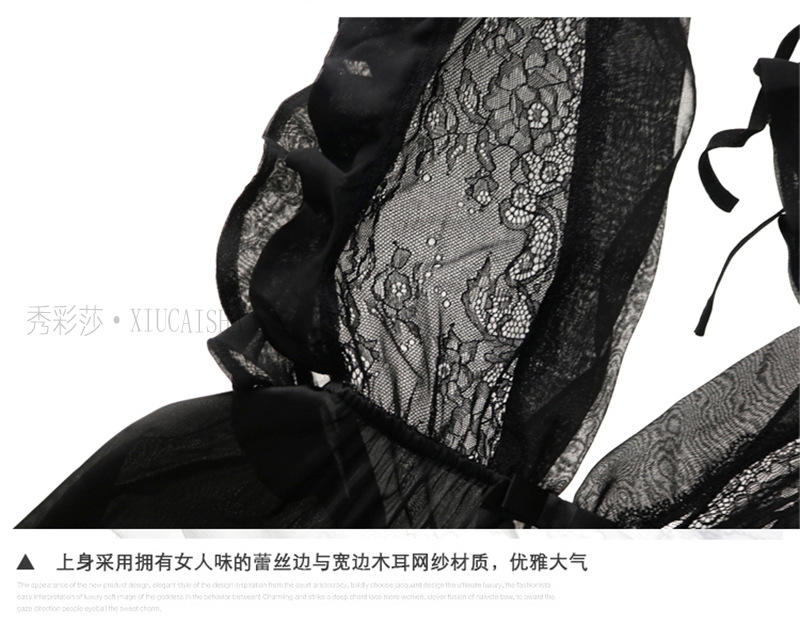 Plus Size See-Through Lace Babydoll Nightgown with Suspenders, Black Short-Skirt Style — detail image 10