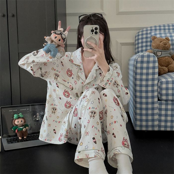 Al por mayor transfronterizo primavera y otoño nuevo pijama de mujer nubes de algodón con solapa cardigan de manga larga pantalones dulces set de ropa para el hogar
