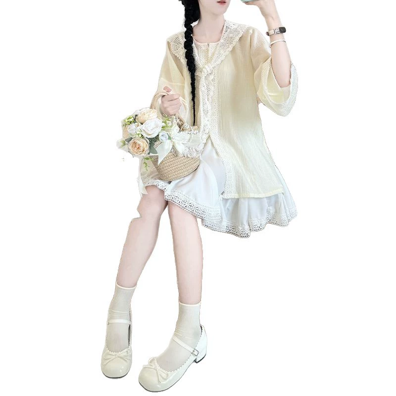 Jiuchen [Candy Girl] crew neck shirt short group suit lace skirt national style girl's daily sweet summer versatile