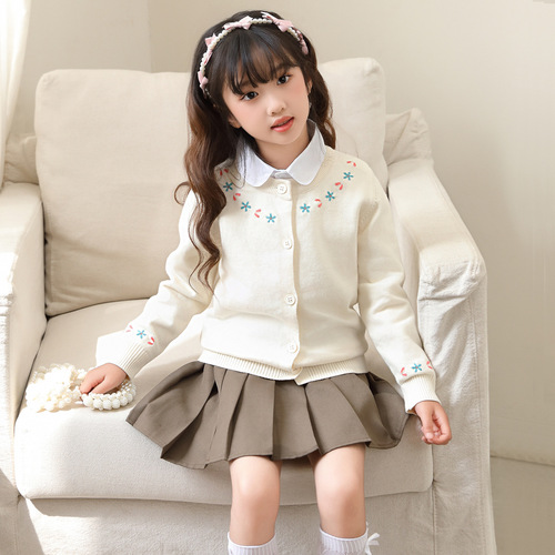 Children's cardigan coat, girls 'thin sweater, pure cotton thread embroidery, Korean round neck, baby spring and autumn outer sweater