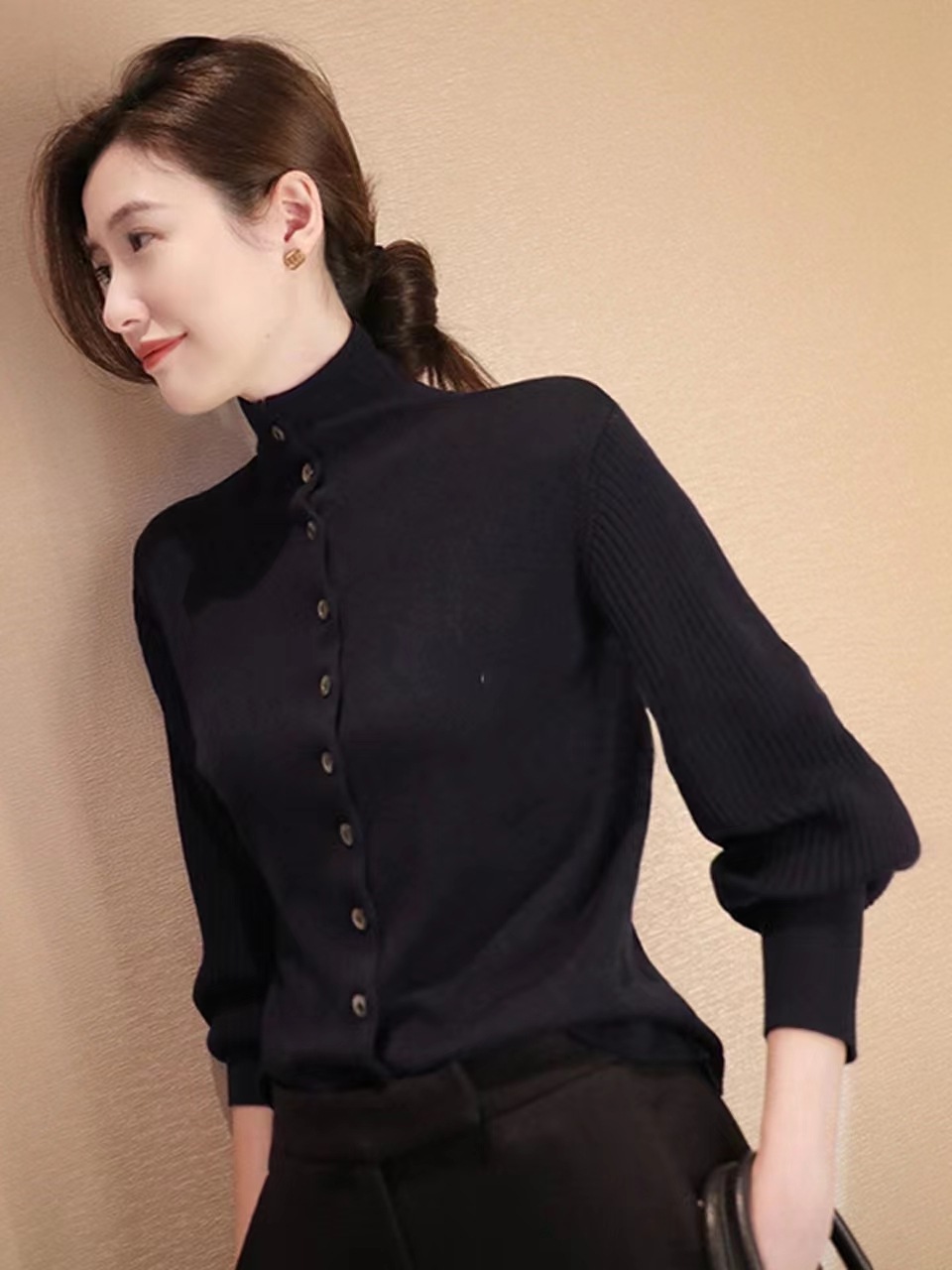 高品质系列 、宫廷袖衬衫款针织衫开衫女高领 秋冬新款