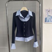 韩版假两件拼接领长袖衬衫女秋冬2026设计感收腰显瘦短款上衣