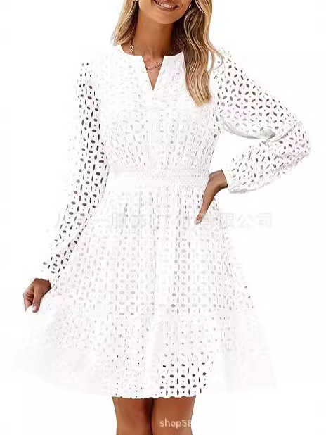 2024欧米の外国貿易クロスボーダー婦人服アマゾンの起爆vネックの透かし彫りの穴の刺繍綿の長袖のワンピース|undefined