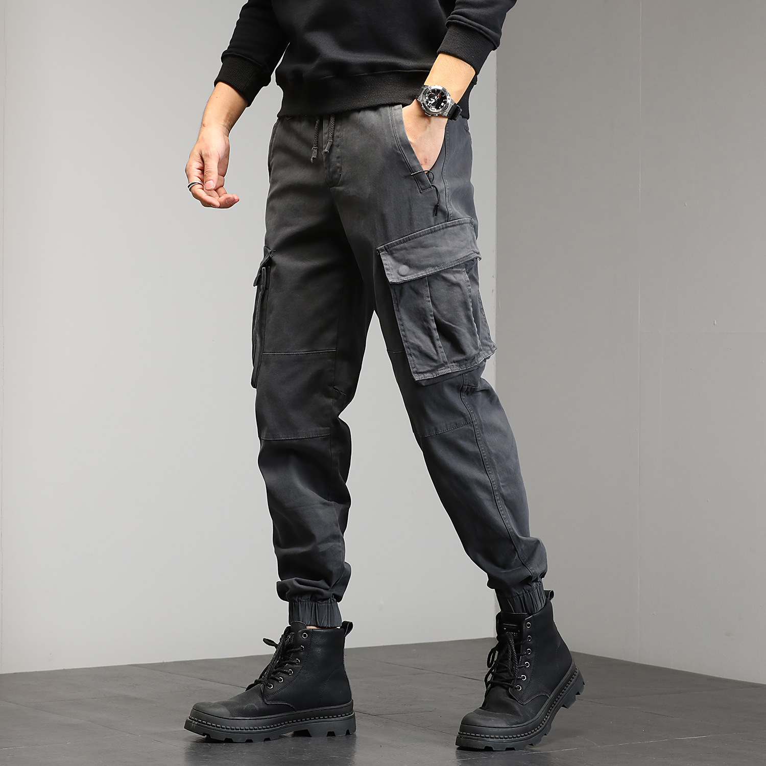 Joven hombre otoño nuevos pantalones de trabajo, pantalones casuales, pantalones de bolsillo simples, ropa de hombre elástica