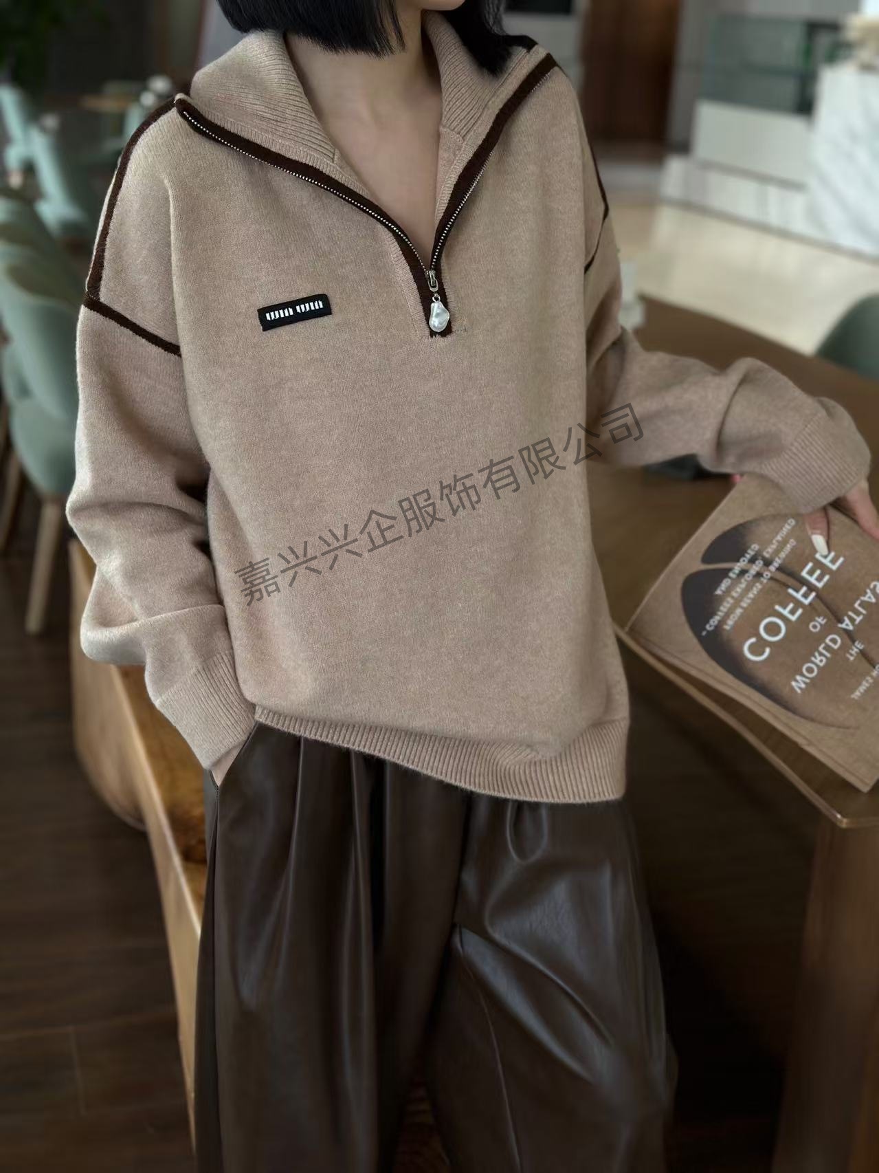 跨境外贸工厂秋冬新款女装半拉链套头休闲慵懒宽松针织衫上衣打底