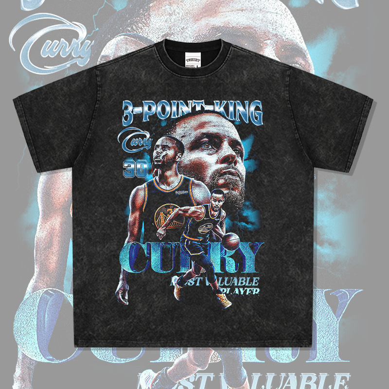 New Stephen Curry Printed Short-sleeved T-shirt High Street Vintage Washed Heavy Top Trendy for Men and Women