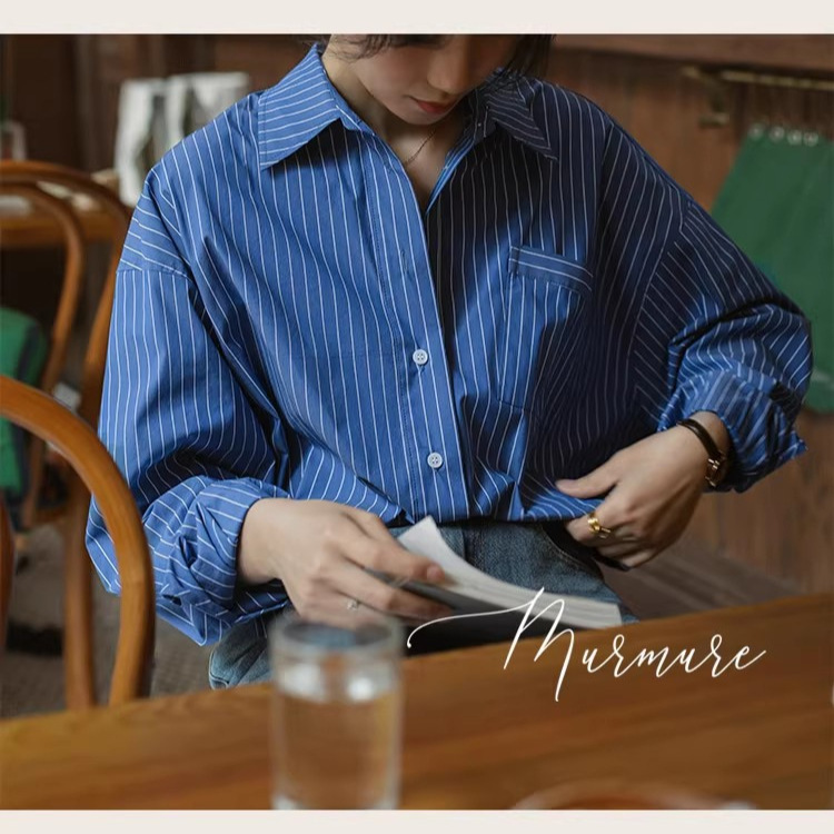 Autumn Loose-Fitting Blue Striped Shirt, Niche French Retro Pure Cotton Long-Sleeve Shirt, Women's Top
