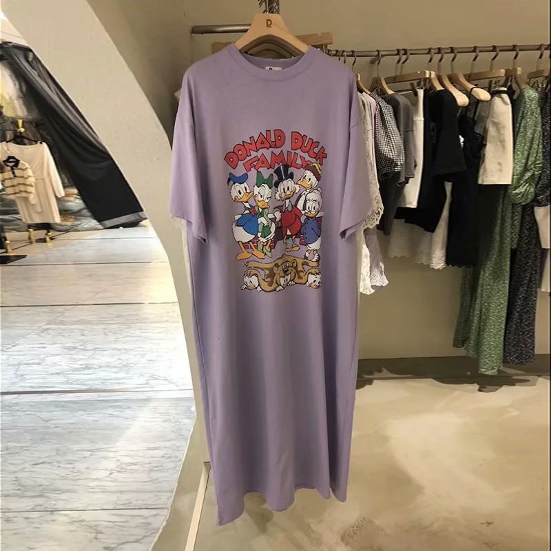 South Korea's Dongdaemun 2026 Summer New Women's Dress with Cartoon Print, Loose Short-Sleeved, Knee-Length T-Shirt Dress