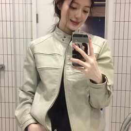 美式复古分割皮衣外套年秋装新款设计感小众情侣夹克机车服