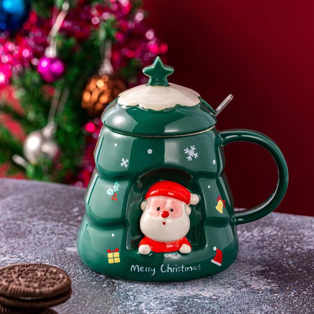 Creativo personalizado Navidad en relieve Taza de cerámica con tapa cuchara hogar taza de beber regalo taza de café de dibujos animados