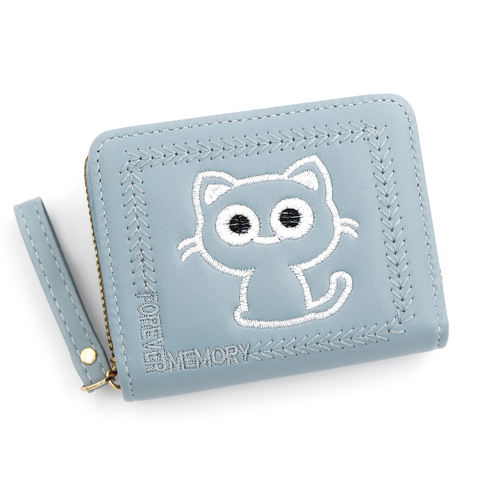 Nuevo bordado gatito damas cartera corta multi-tarjeta billetera de cambio con cremallera cartera de tarjetas de mano al por mayor