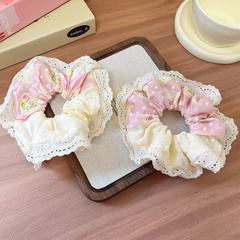 Vintage floral pink bow lace large intestine hair tie for women, Korean style, gentle and high-end feeling, large hair tie headband