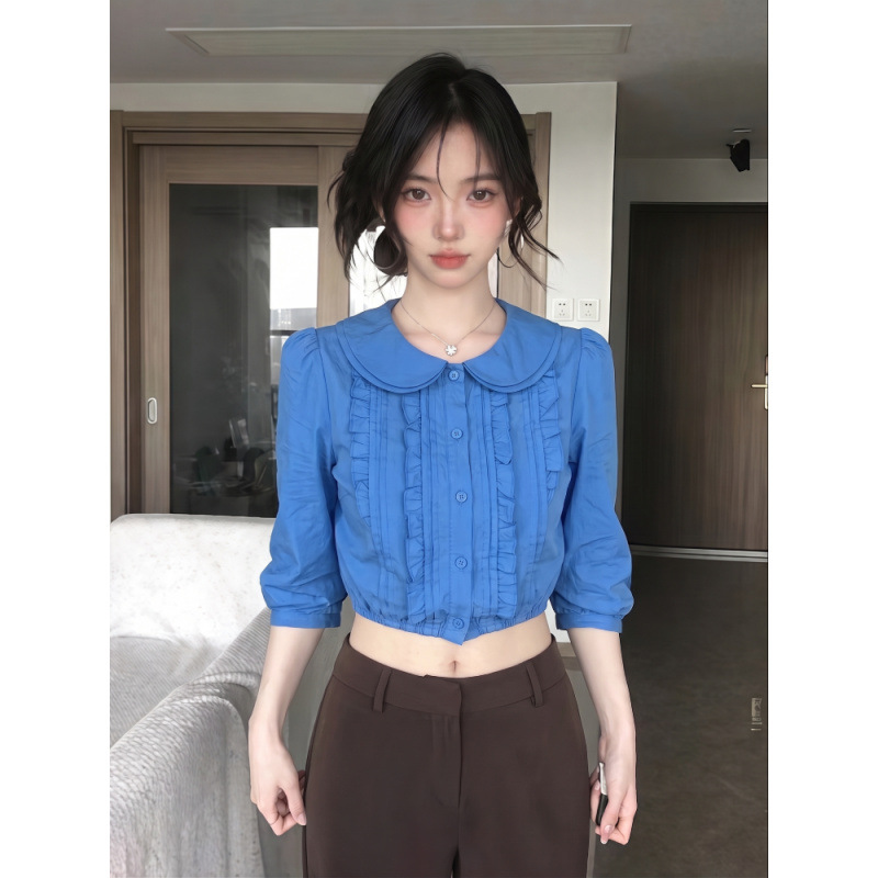 Original quality! Women's summer slim-fit blouse with ruffled Peter Pan collar and short sleeves, featuring a flattering crop top.