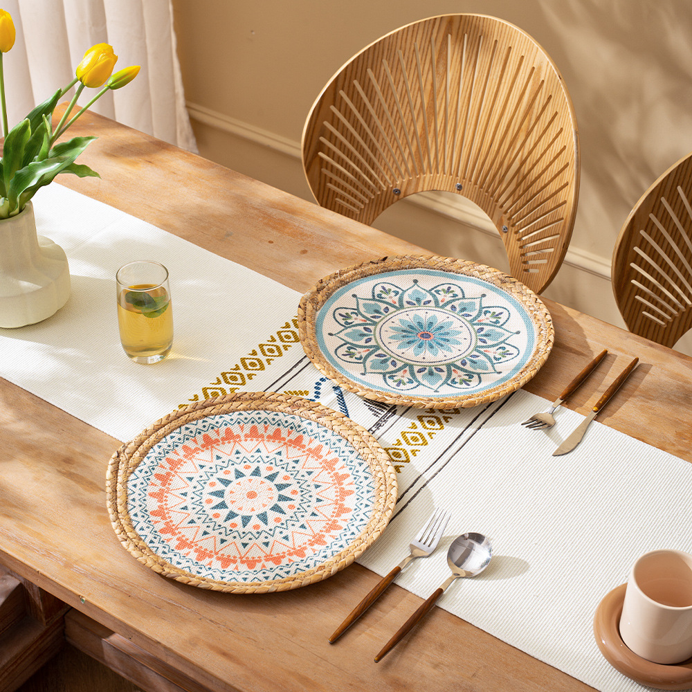 Otoño nuevo colorido impreso ronda Western placemat algodón hilo tejido agua hierba costura luz lujo al aire libre ronda placemat