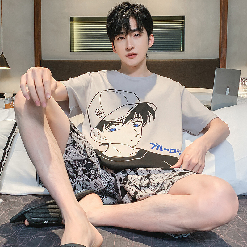 남성용 잠옷 여름 순수 코튼 반팔 캐주얼 남성용 청소년 홈웨어 여름 얇은 코튼 대형 슈트