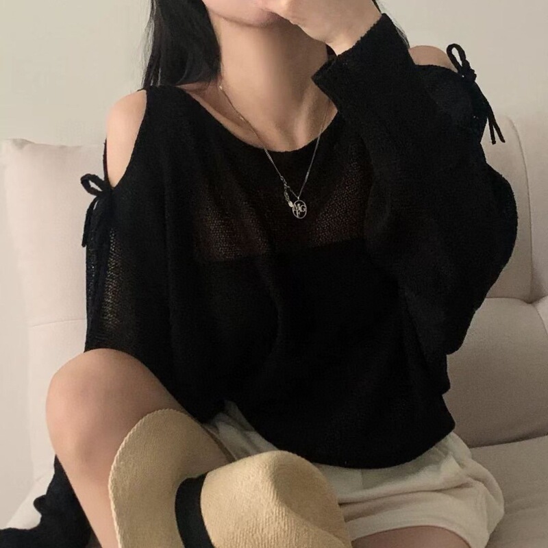 单件早秋韩版甜美露锁骨系带宽松轻薄针织衫外搭时尚辣妹镂空上衣|undefined