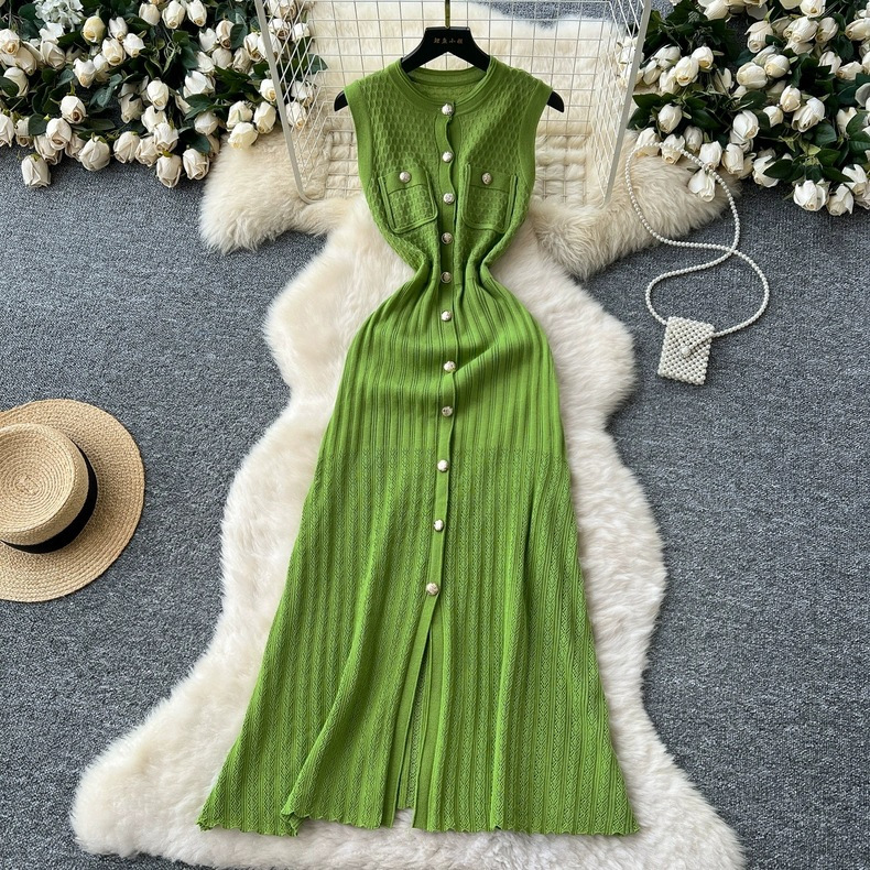 Summer New Cross-Border Women's Clothing Retro High-End Sleeveless Knitted Dress with Waist-Cinching Hollow Design Socialite New Long Dress Summer New Cross-Border Women's Clothing Retro High-End Sleeveless Knitted Dress with Waist-Cinching Hollow Design Socialite New Long Dress
