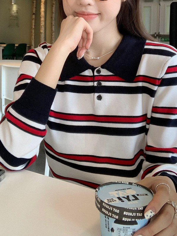 韩系学院风撞色条纹polo领毛衣女小个子休闲通勤宽松百搭针织t恤|undefined