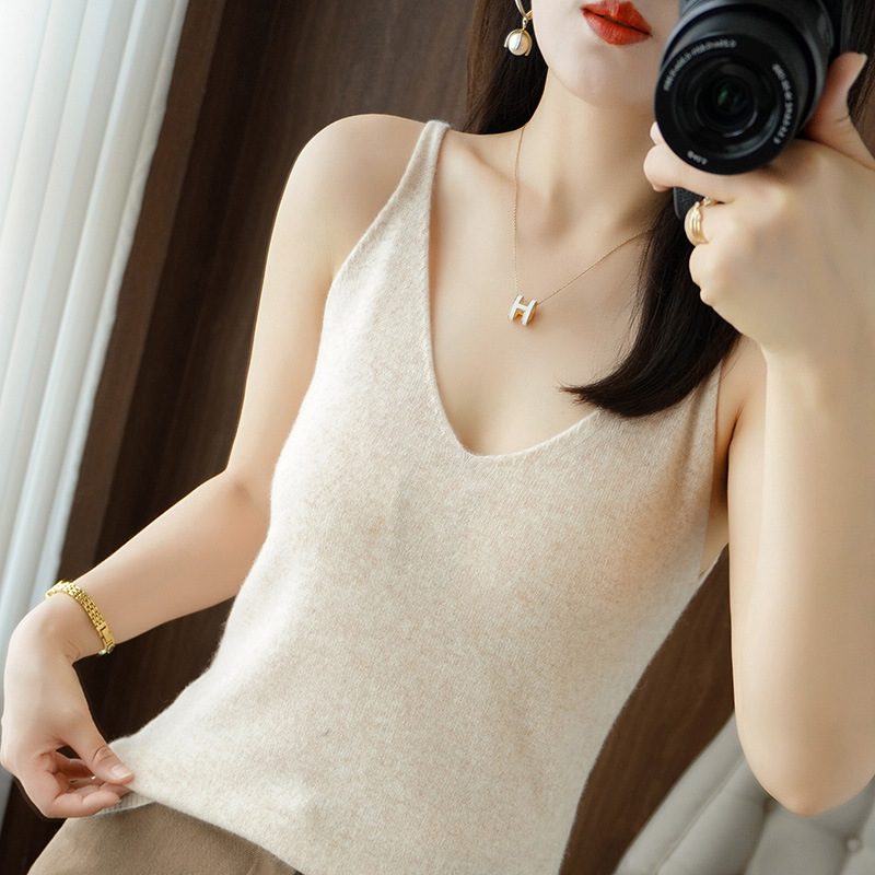 카미솔 여성용 V 넥 풀오버 슬리브리스 내베이스 셔츠 슬림 핏 쇼트 탑 서양식 아우터웨어 니트 스웨터