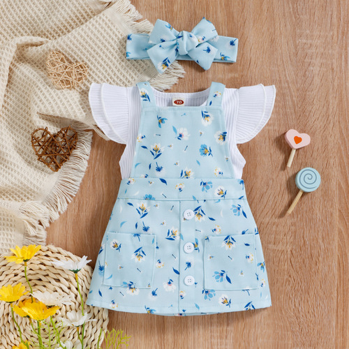 Baoxin cross-border children's clothing spring and summer Korean version of baby girl sister outfit pit strip cotton short-sleeved flower suspender skirt infant suit