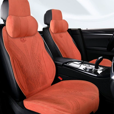 Car Cushion, Seat Cover, Seat cushion, seat cover - vibrant-orange-full-set-for-5-seater-car-2-neck-pillows