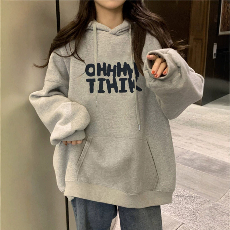 Gray long-sleeved hooded sweatshirt for women, loose oversized style, suitable for spring and autumn, a printed top that can also be worn as a jacket, ideal for petite figures