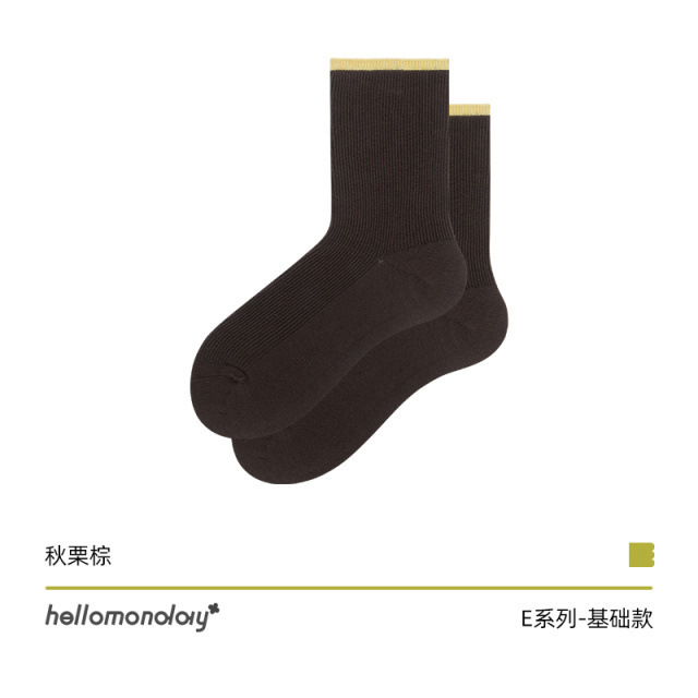 85911 诸暨袜子女秋冬季布标撞色中筒袜双针粗线堆堆棉袜运动白色|undefined