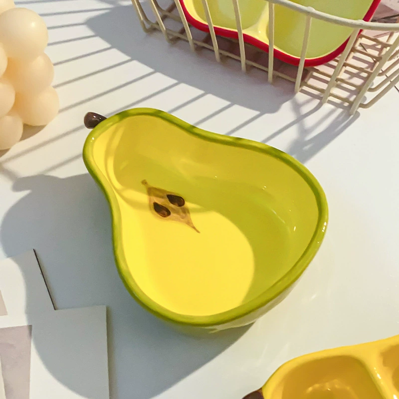 Ceramic fruit‑shaped snack plates, mini compartment dishes (apple, pear, banana)