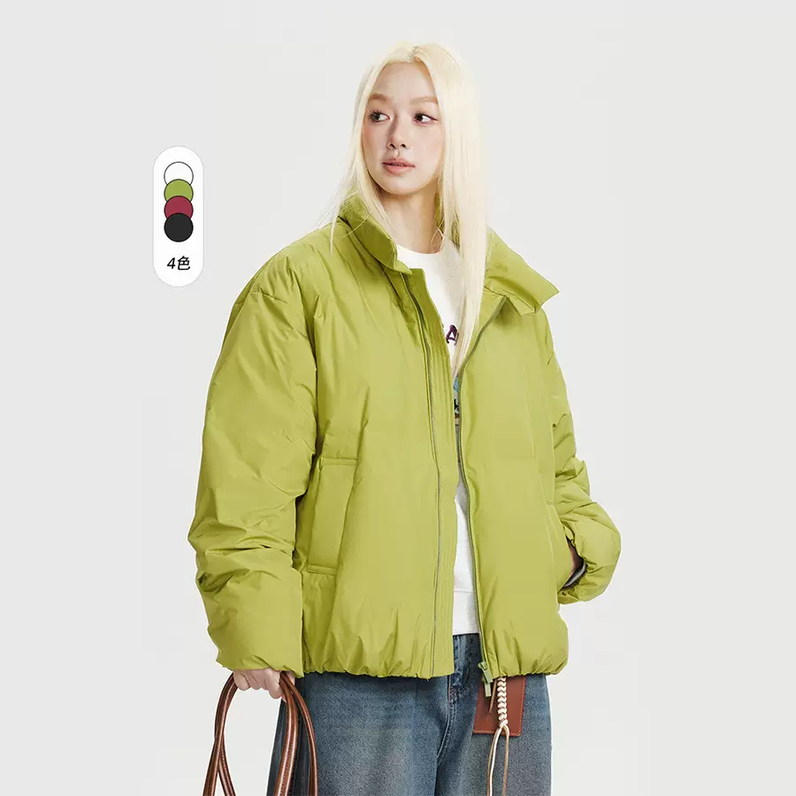 CATTEE纯色加厚白鸭绒羽绒服男女冬季保暖短款翻领面包羽绒外套潮