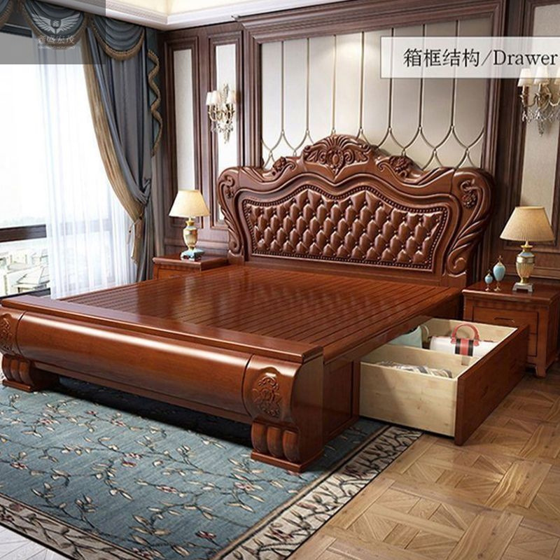 Cama de madera maciza de estilo europeo Cama de boda de 1,8 m Cama de princesa tallada de lujo de 1,5 m Dormitorio principal Cama grande Cama de almacenamiento de caja alta Hogar